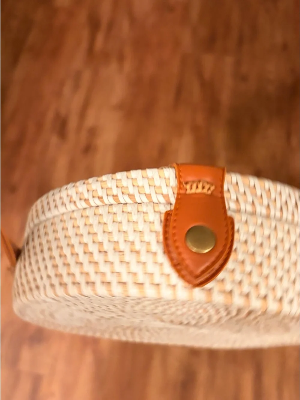 Bali 8” diameter Cream Woven Round Mini Bag with Brown leather Strap - Picture 2 of 6